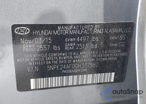 2016 Hyundai Sonata Se from USA, damaged, VIN 5NPE24AF0GH337582